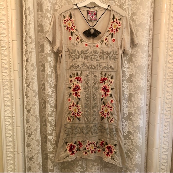 JOHNNY WAS * Floral Embroidered Jersey Cotton Comfortable Dress - Picture 2 of 6